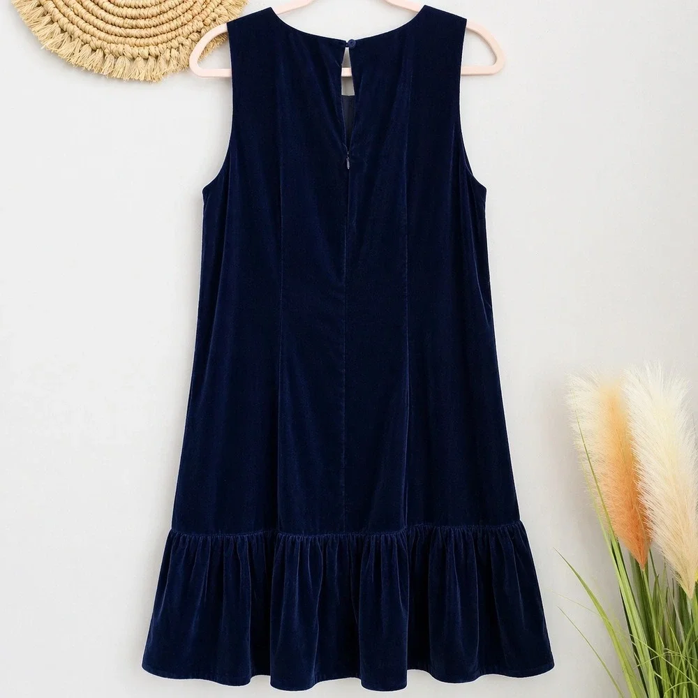 J. Crew NEW Navy Blue Velvet Sleeveless Ruffle Hem Party Shift Dress SZ 12 Retro